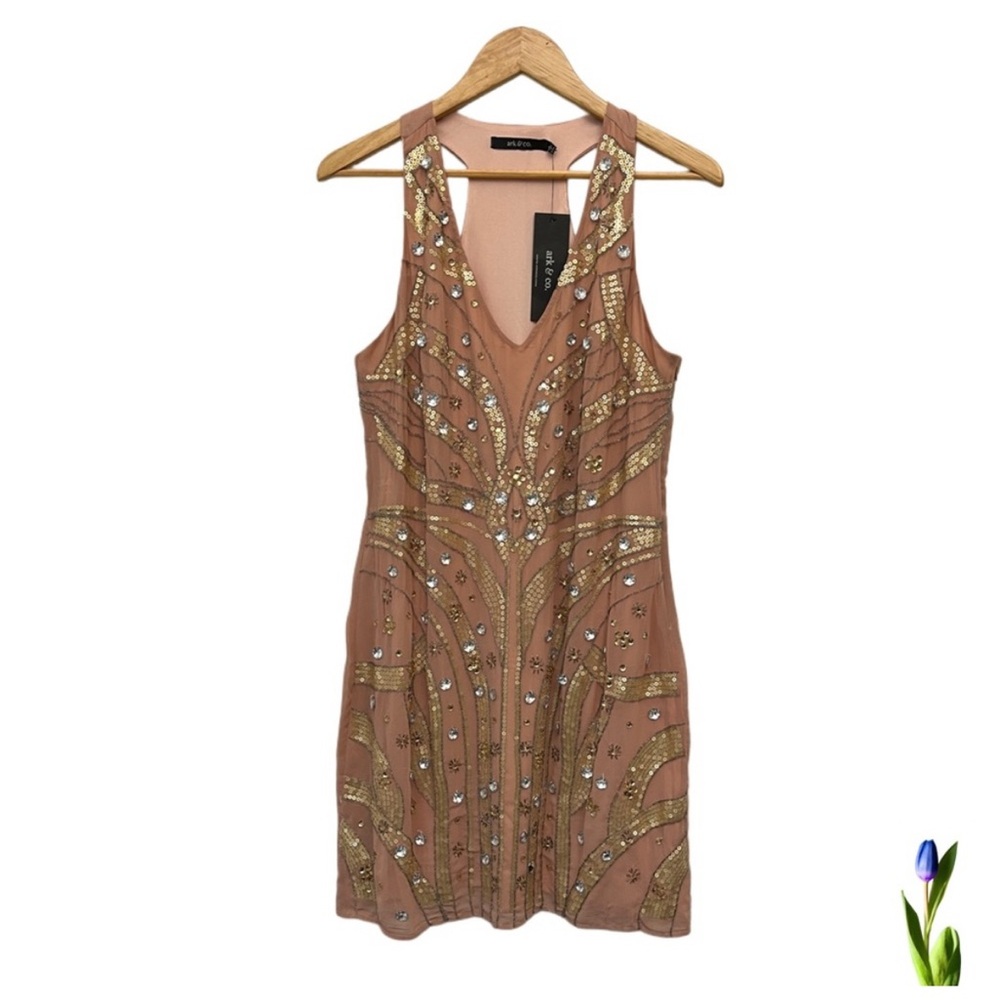 Ark & Co Gold Sequins and beads Dress Cocktail  size L Rust Pink